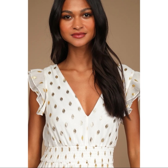 NWOT Lulus Cause to Celebrate White and Gold Dot Ruffled Tiered Midi Dress - Picture 4 of 11